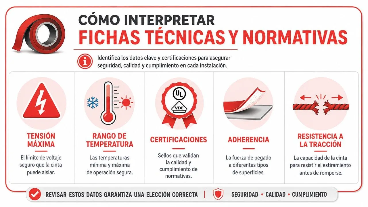 Infografía sobre cómo interpretar las fichas técnicas y normativas de seguridad en cintas aislantes eléctricas.
