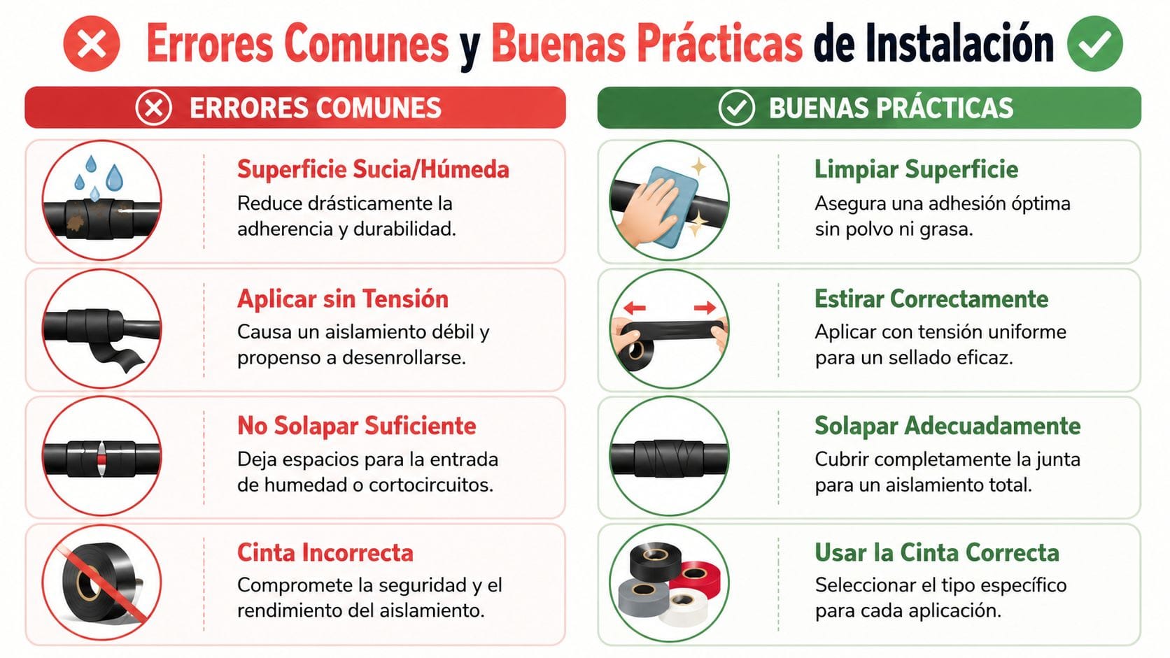 Infografía sobre errores comunes y buenas prácticas al instalar cinta aislante en cables eléctricos.