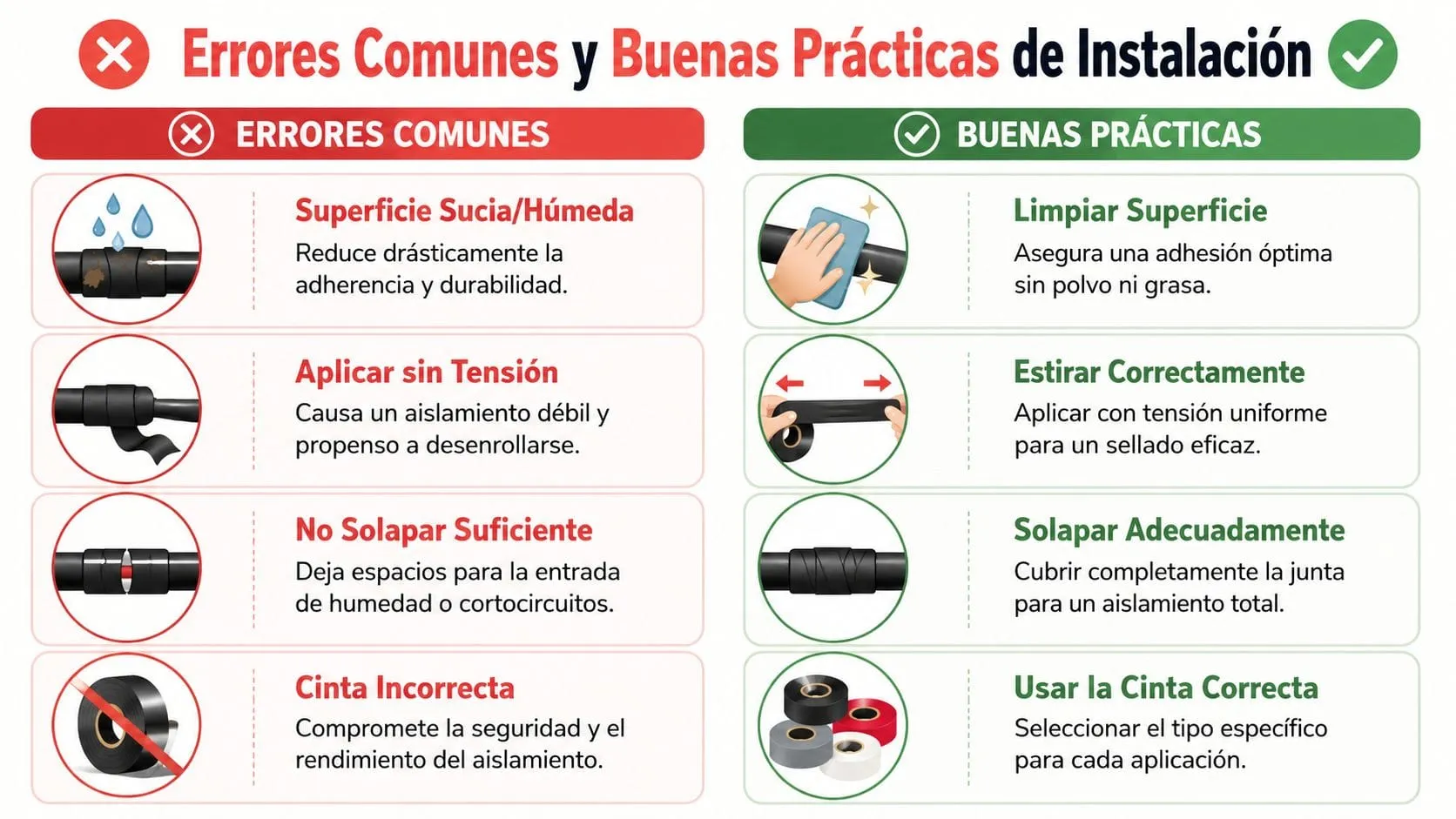 Infografía sobre errores comunes y buenas prácticas al instalar cinta aislante en cables eléctricos.