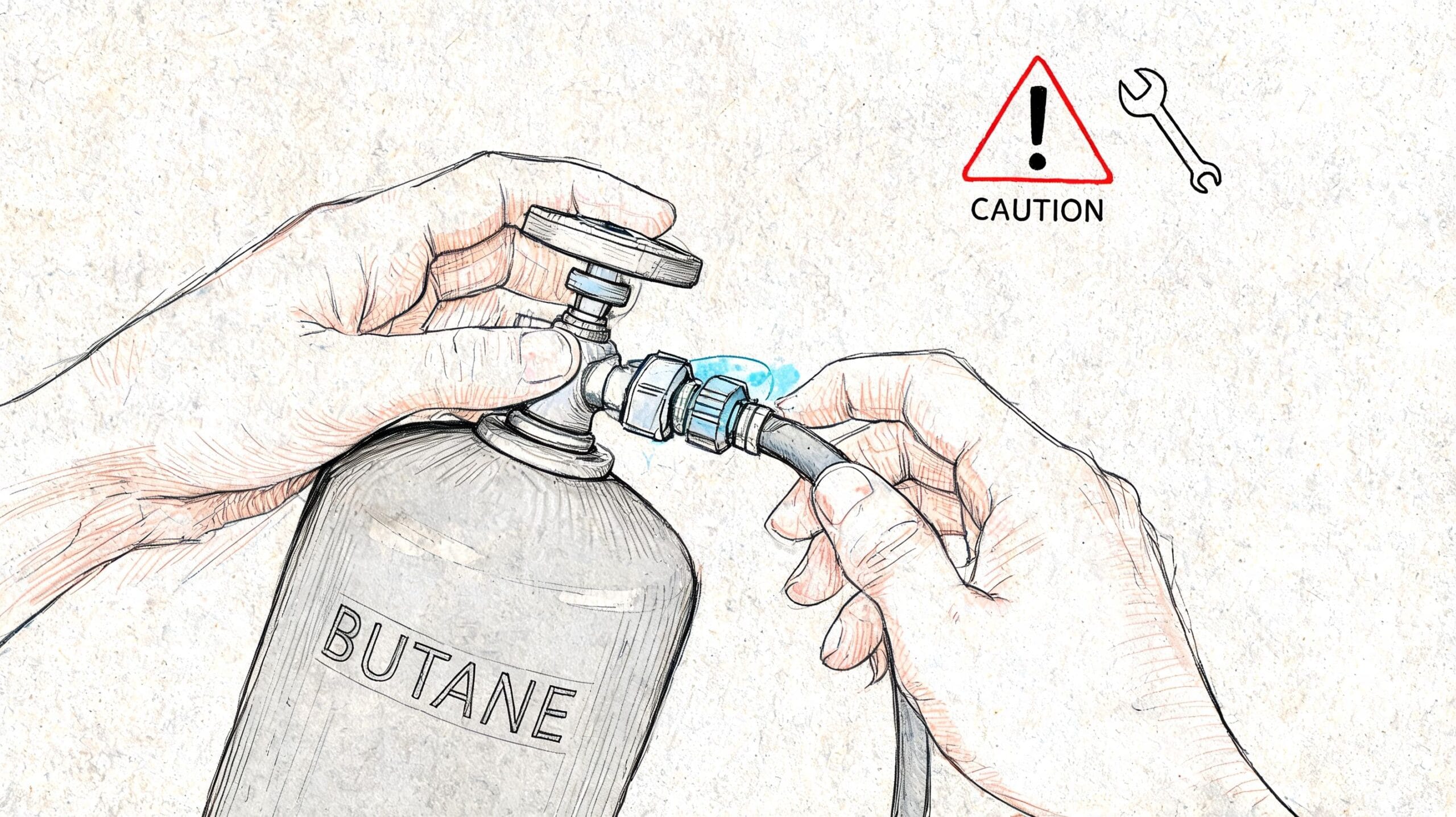 Ilustración que muestra una conexión de manguera con fuga en un cilindro de gas butano con advertencia.