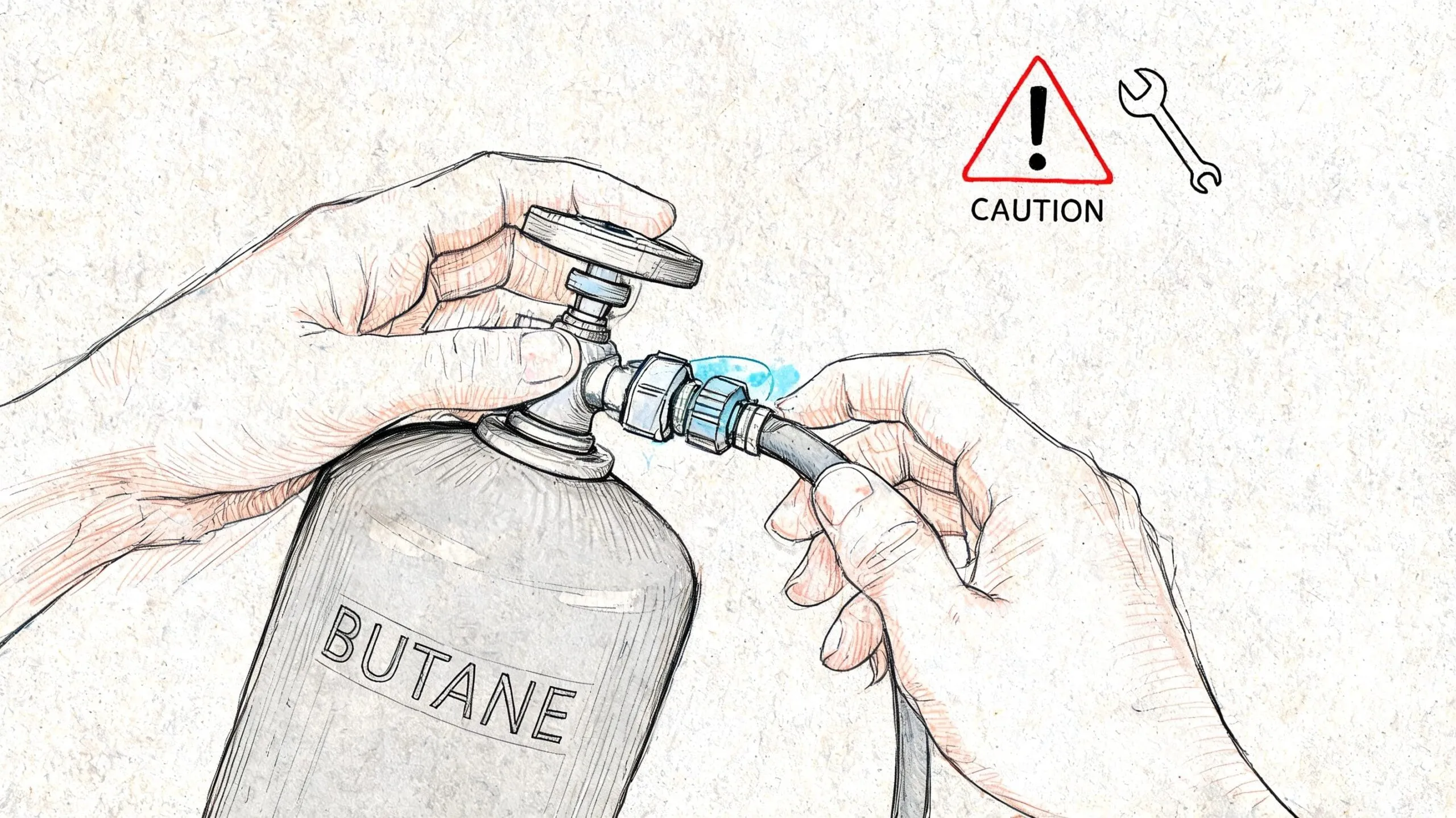 Ilustración que muestra una conexión de manguera con fuga en un cilindro de gas butano con advertencia.
