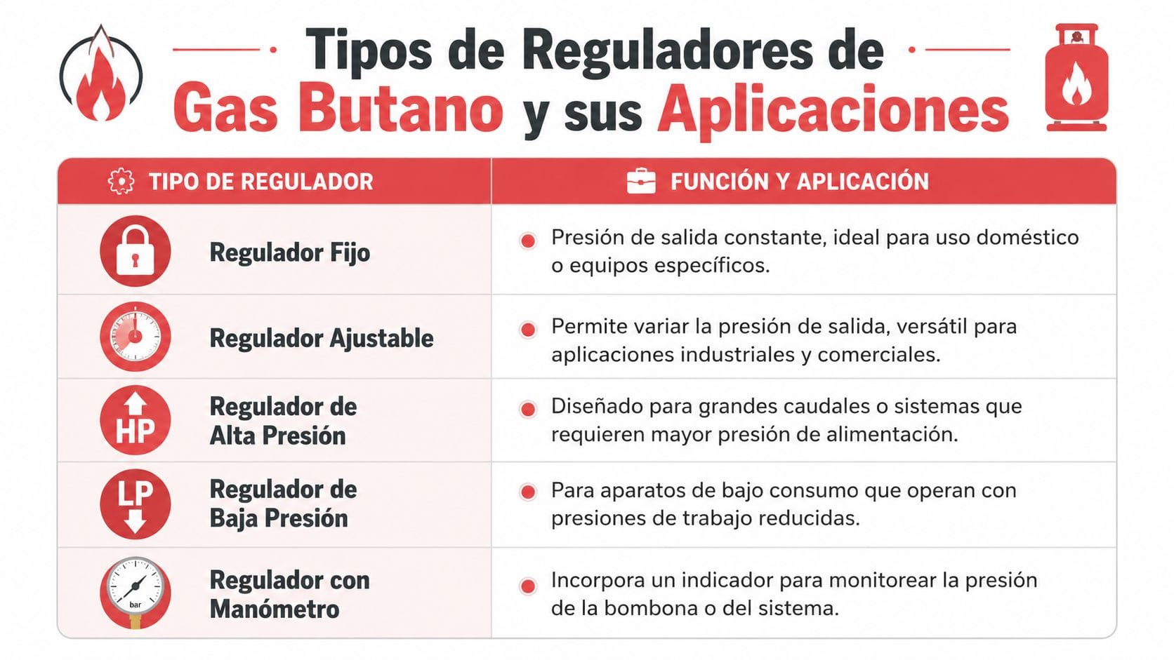 Tabla informativa sobre los distintos tipos de reguladores de gas butano y sus aplicaciones técnicas específicas.