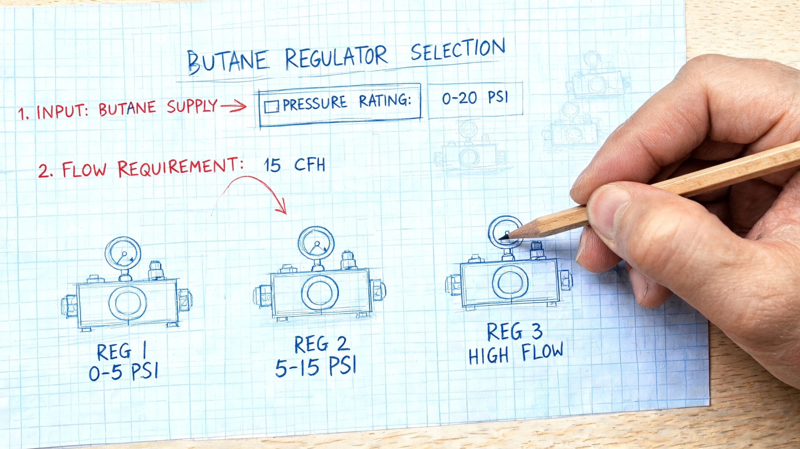 Dibujo técnico a mano alzada mostrando los criterios para seleccionar un regulador de gas butano adecuado.