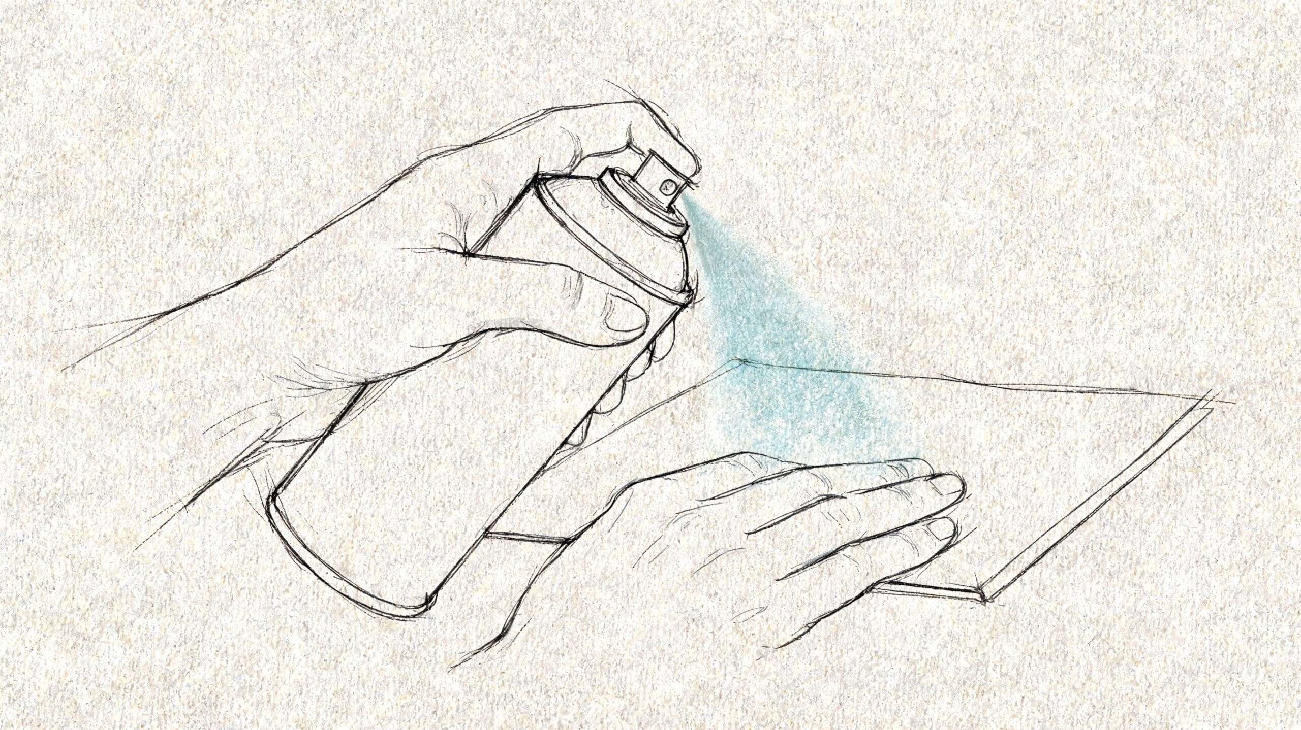 Ilustración de unas manos aplicando pegamento de contacto en aerosol sobre una superficie plana para adherir materiales.