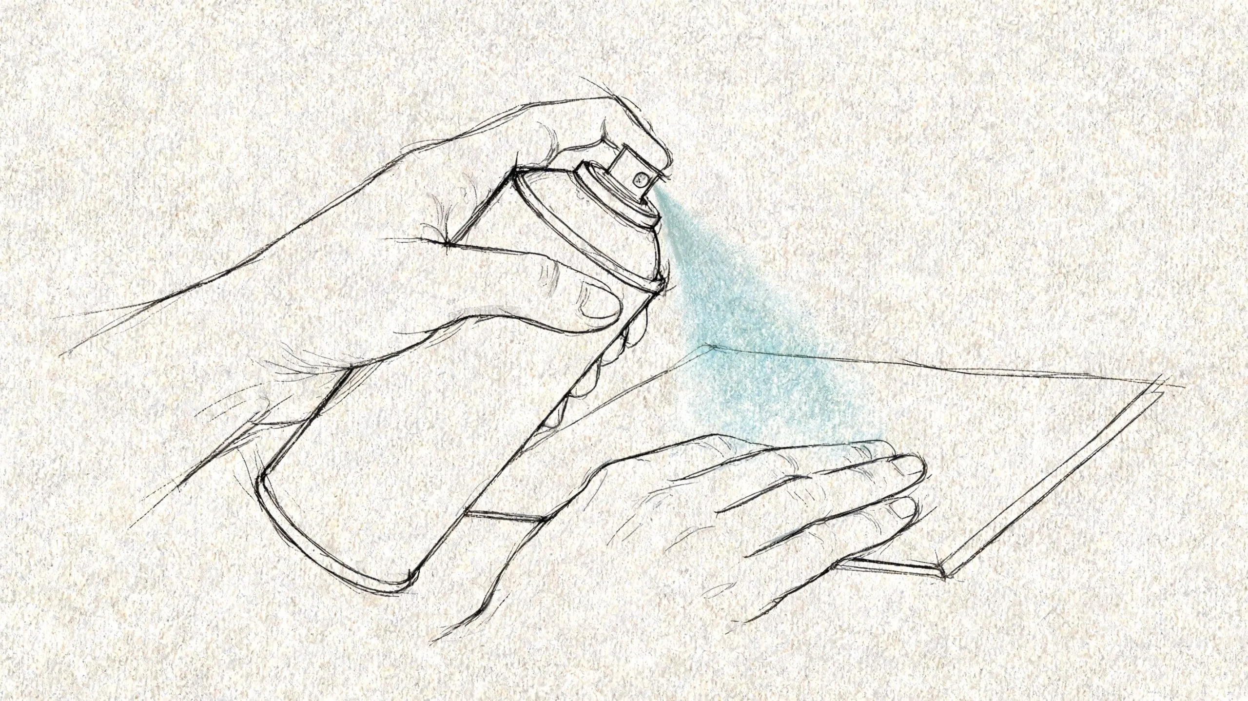 Ilustración de unas manos aplicando pegamento de contacto en aerosol sobre una superficie plana para adherir materiales.