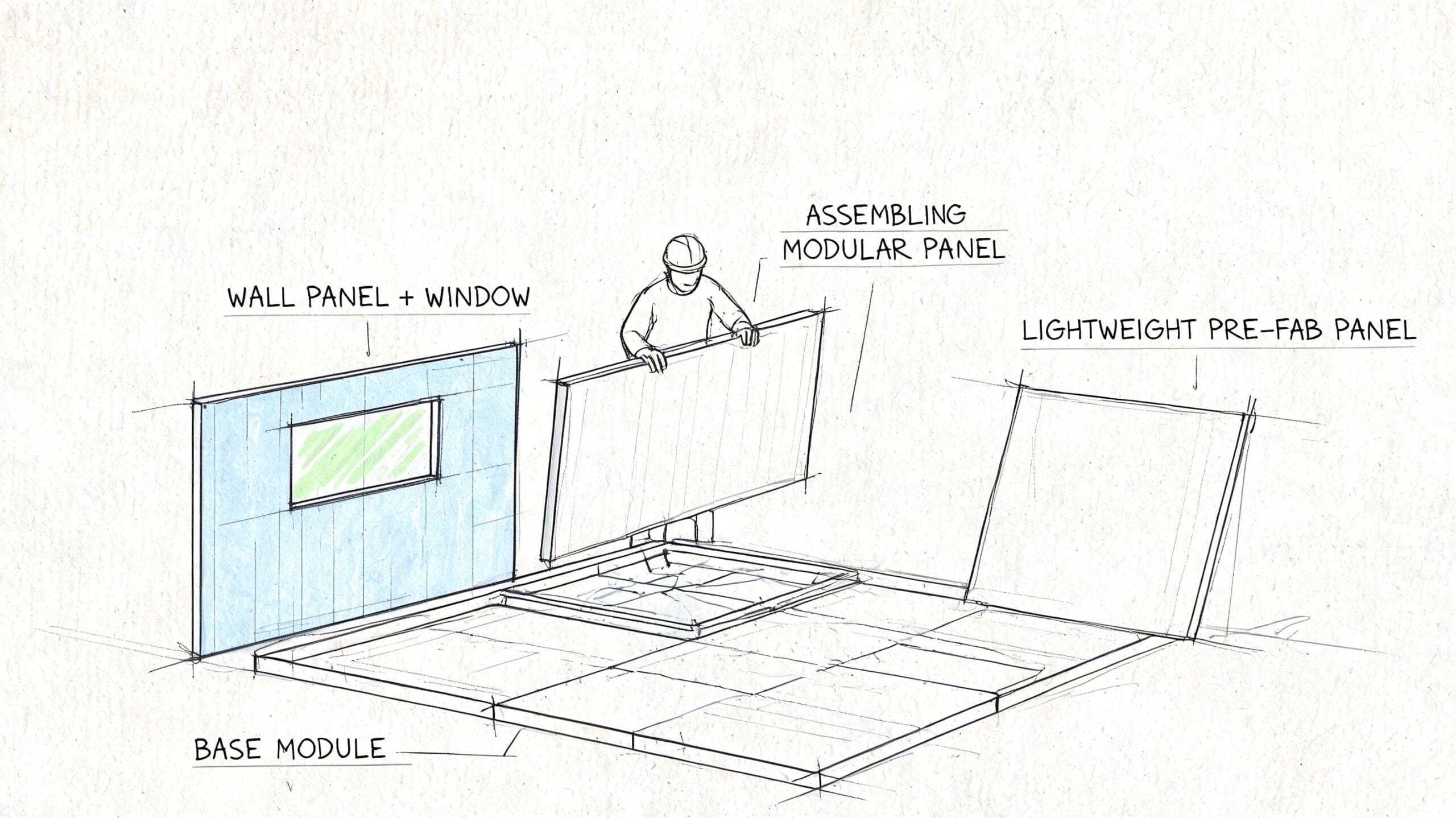Un trabajador de la construcción ensamblando paneles prefabricados sobre una base modular para una vivienda moderna.