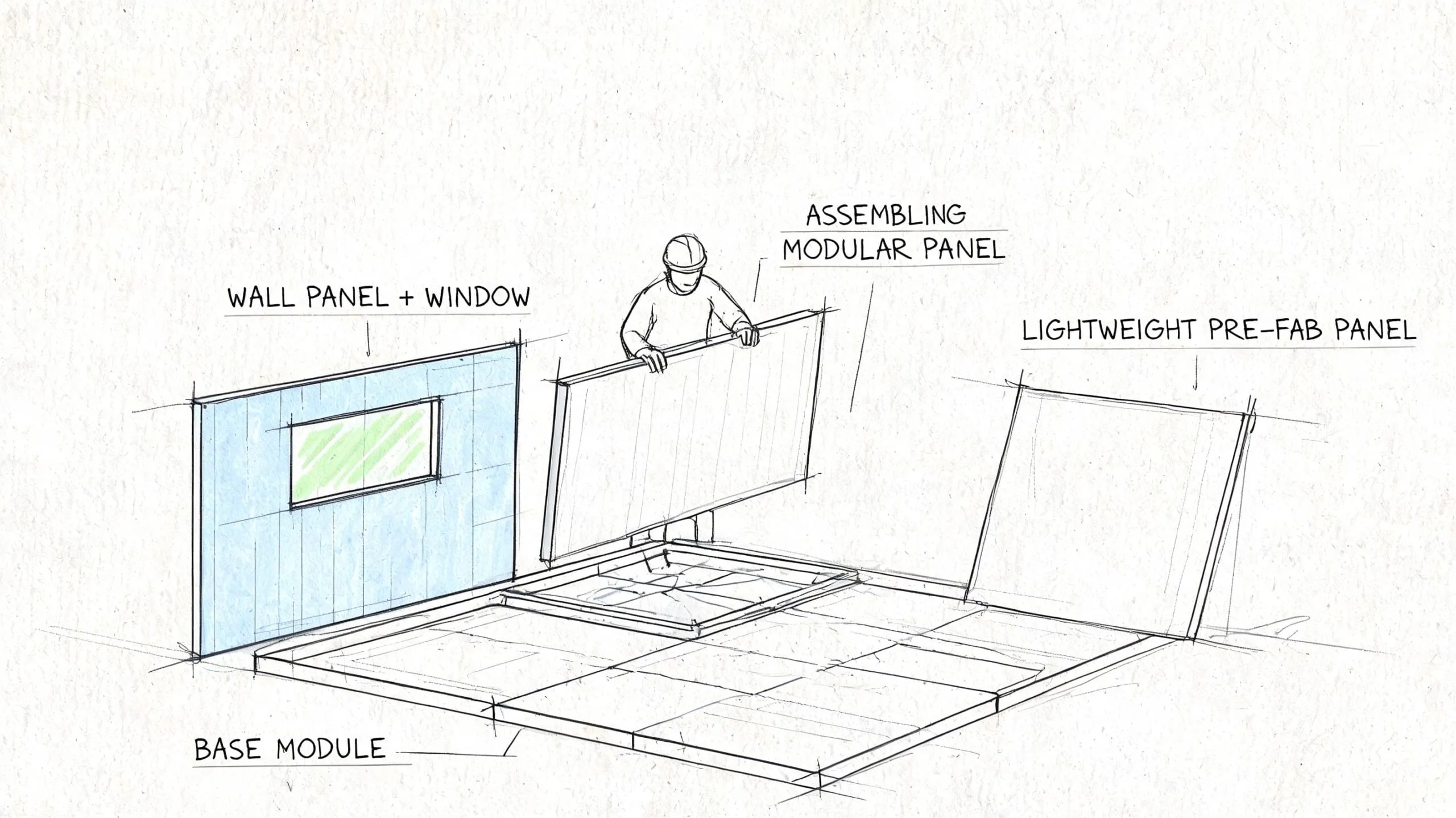 Un trabajador de la construcción ensamblando paneles prefabricados sobre una base modular para una vivienda moderna.