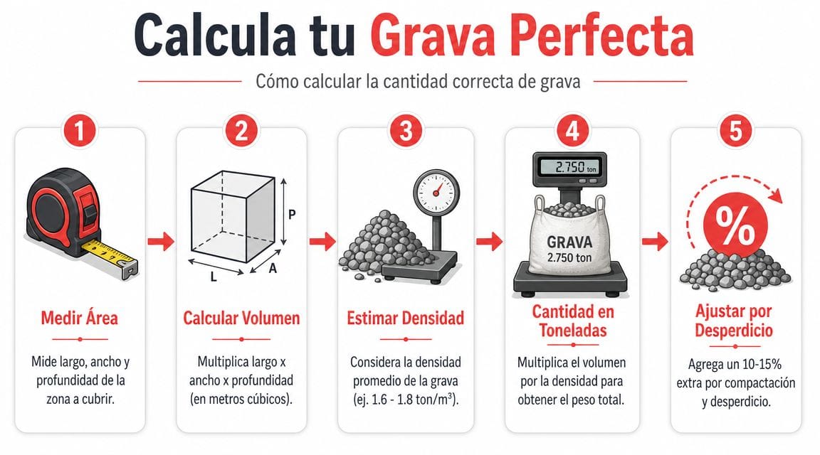 Infografía paso a paso que explica cómo calcular la cantidad correcta de grava para un proyecto.
