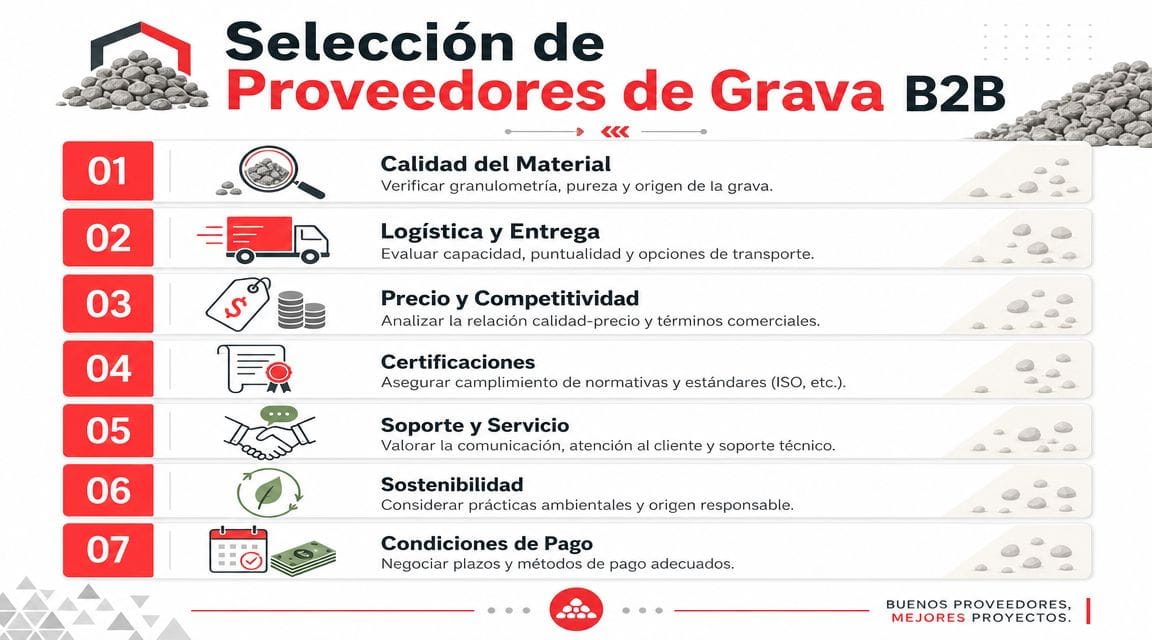 Infografía sobre los siete factores clave para seleccionar proveedores de grava en un contexto B2B.