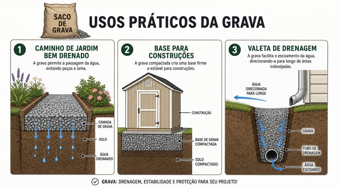 Infografía que muestra tres usos prácticos de la grava en proyectos de construcción y jardinería exterior.