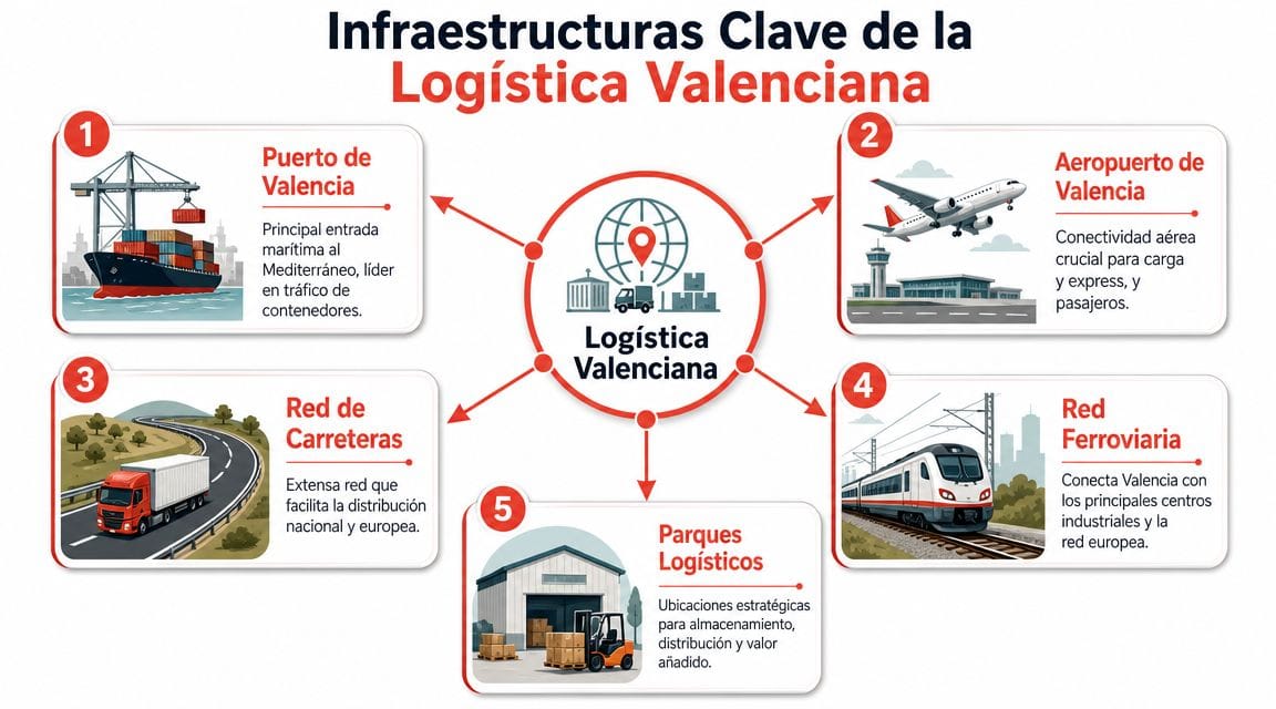 Infografía sobre las infraestructuras clave de la logística en Valencia, incluyendo puertos, aeropuertos y redes ferroviarias.