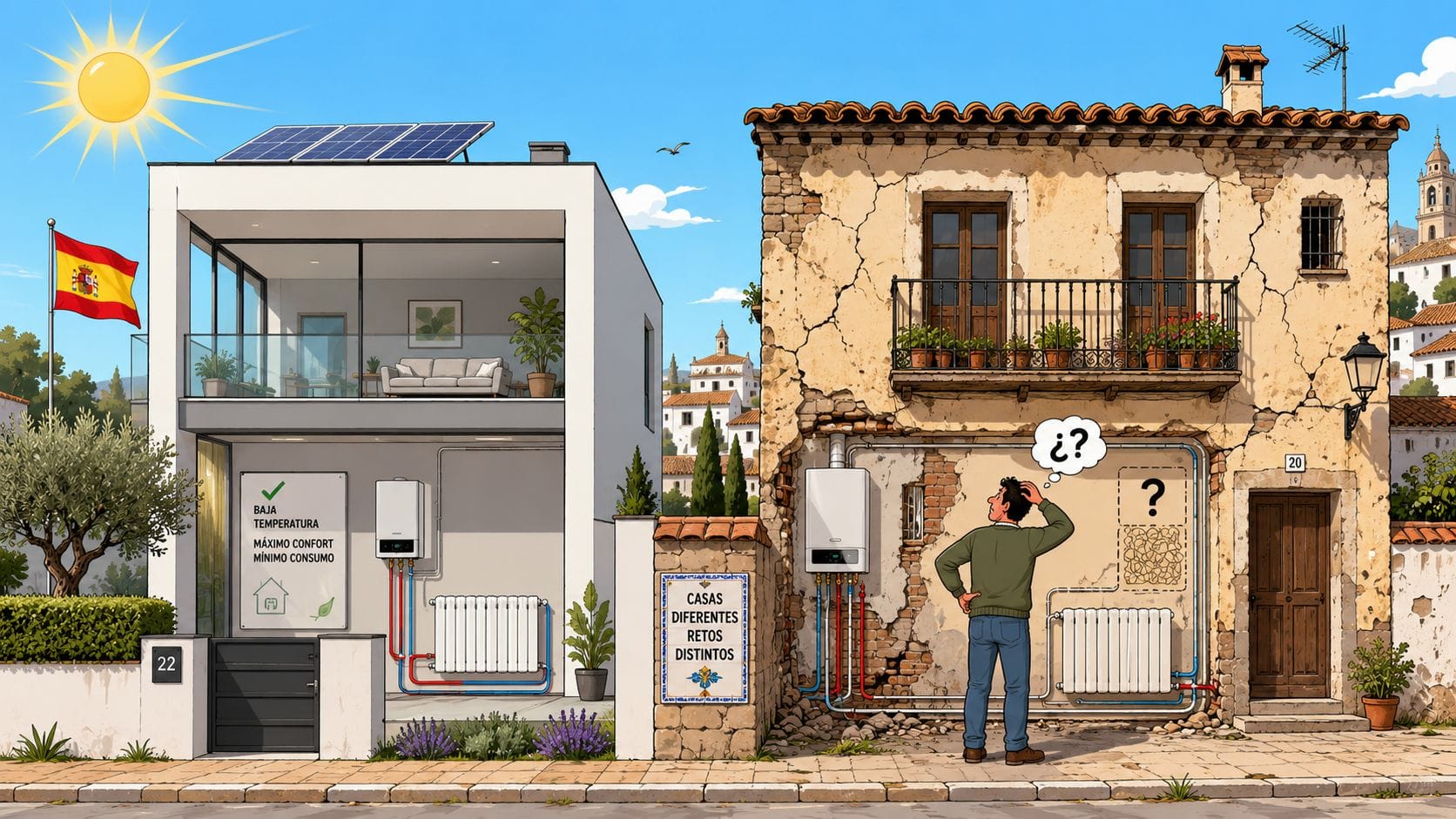 Comparación entre una casa moderna eficiente con aerotermia y una vivienda antigua necesitada de rehabilitación energética.