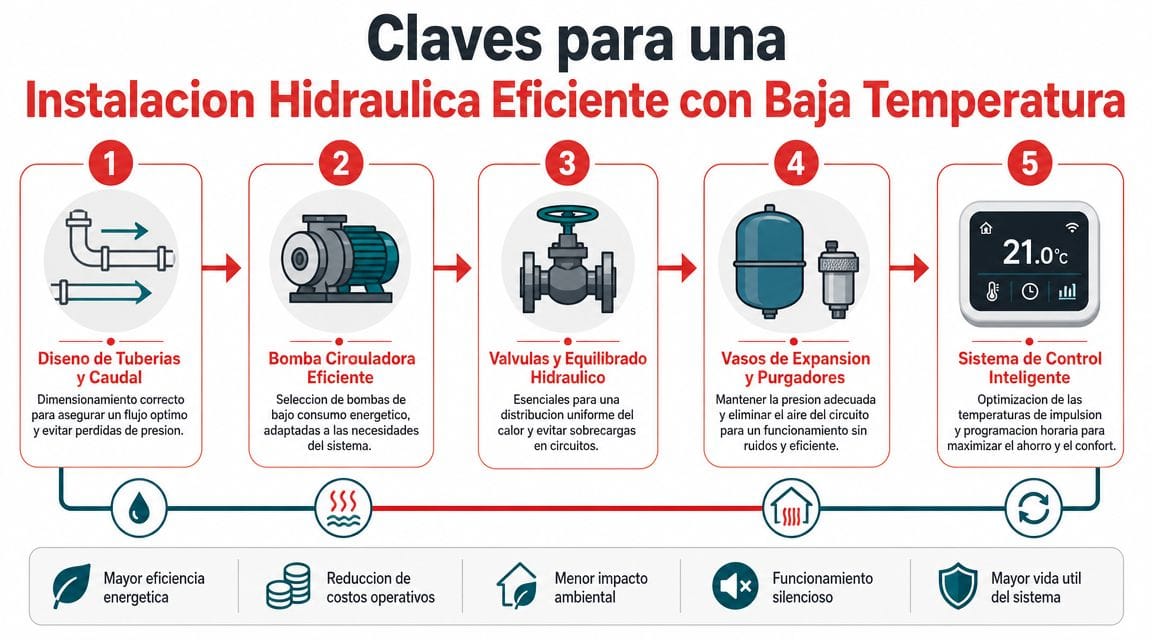 Cinco puntos clave para lograr una instalación hidráulica eficiente y optimizada con sistemas de baja temperatura.