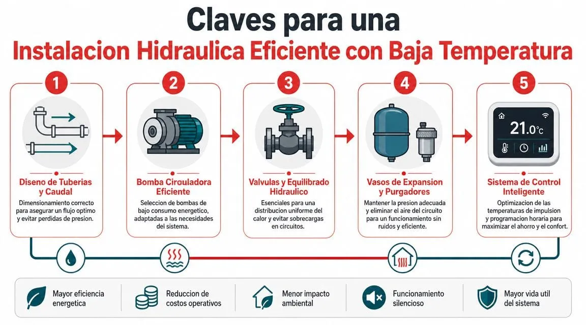 Cinco puntos clave para lograr una instalación hidráulica eficiente y optimizada con sistemas de baja temperatura.