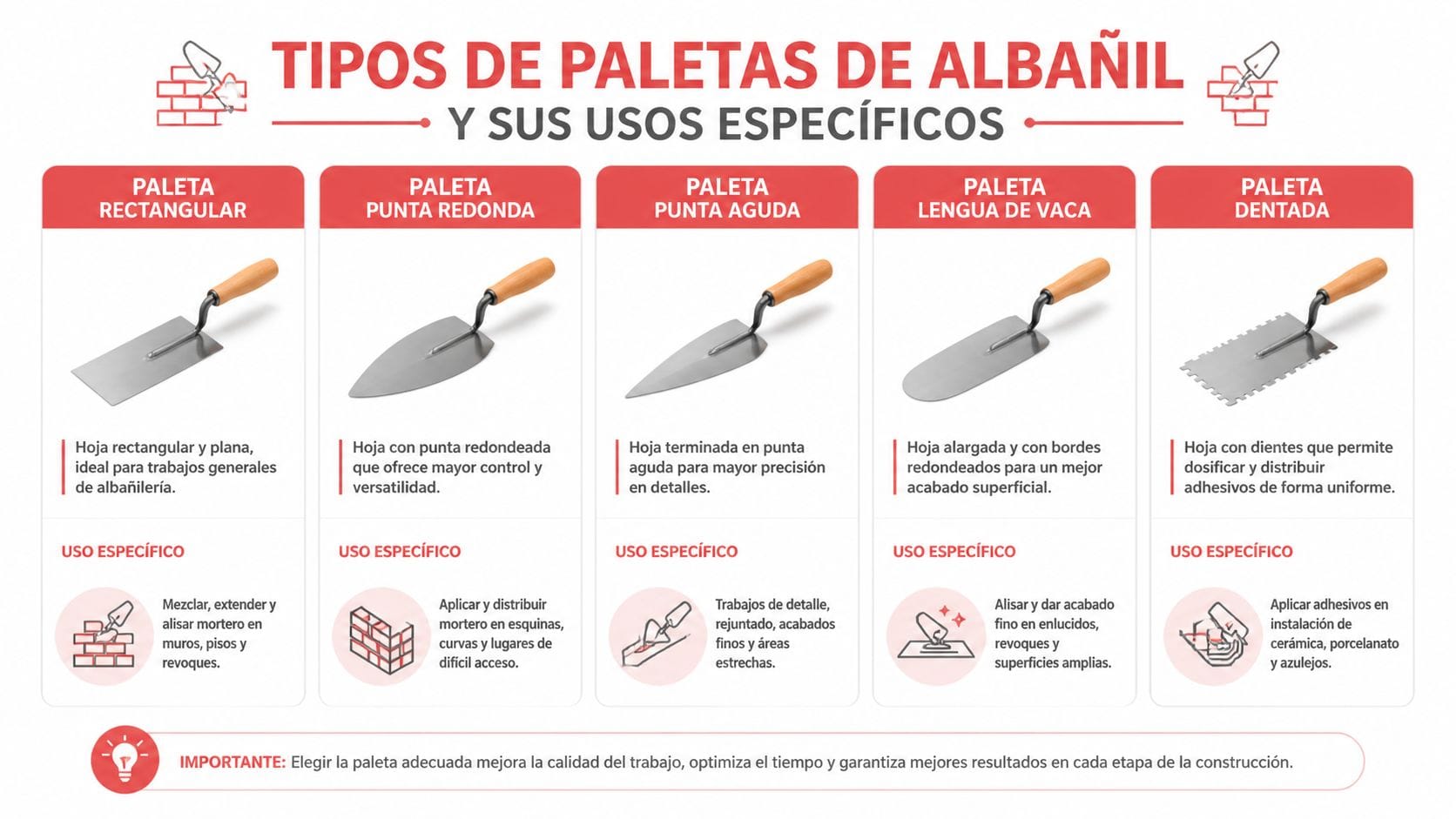 Infografía que muestra los cinco tipos principales de paletas de albañil junto a sus descripciones y usos.