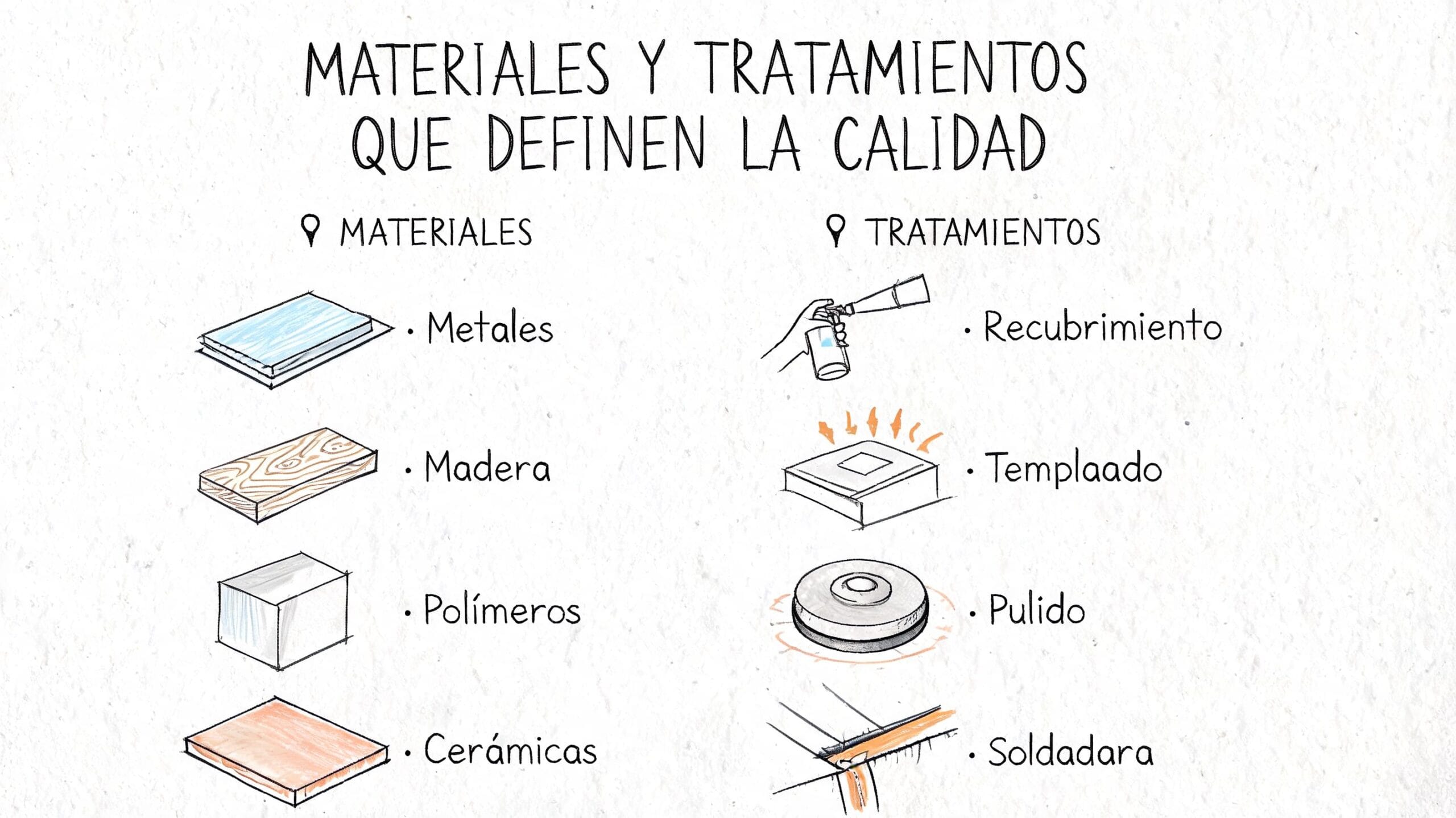 Diagrama educativo sobre materiales de construcción y sus tratamientos para definir la calidad en la fabricación.