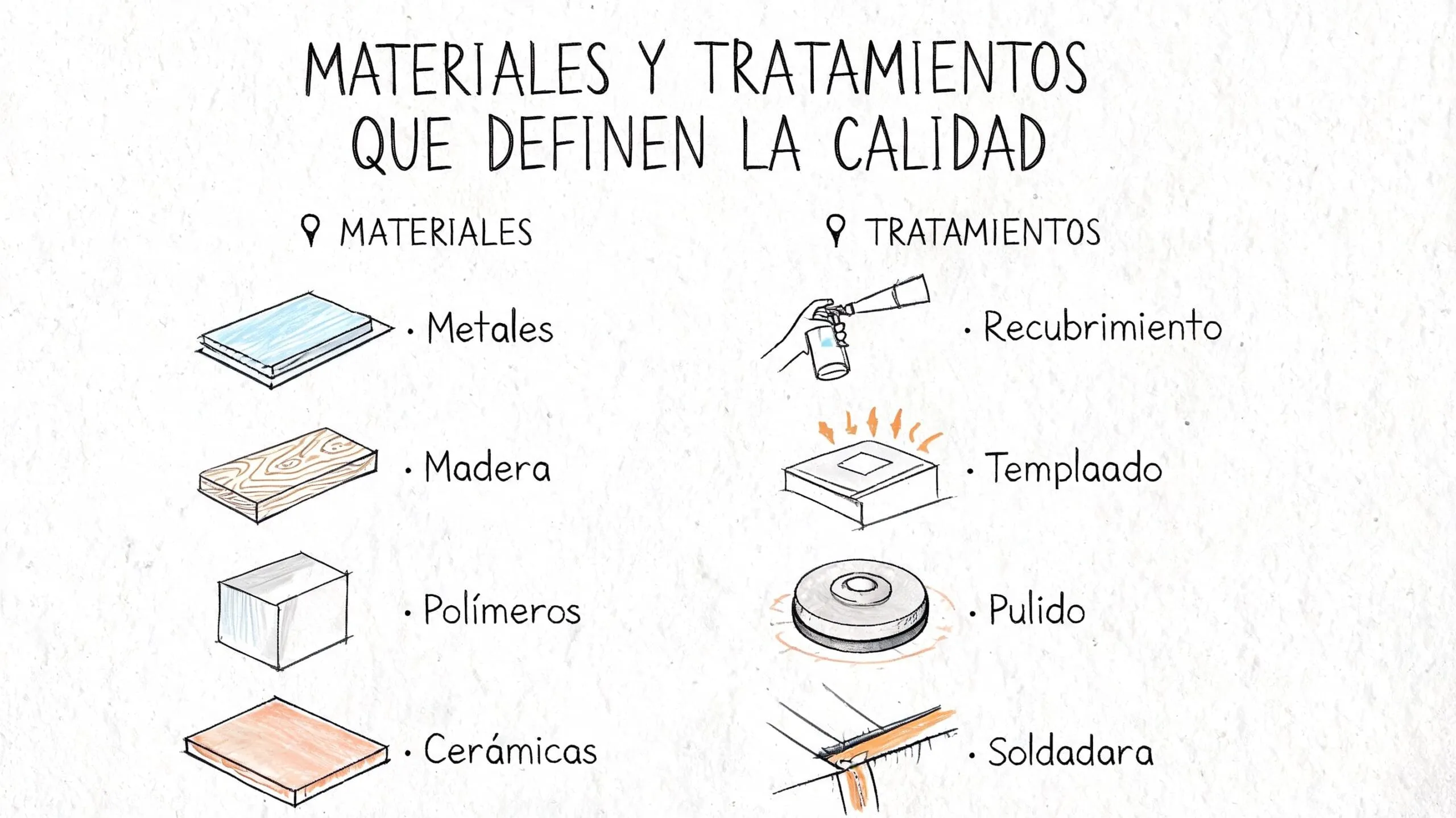 Diagrama educativo sobre materiales de construcción y sus tratamientos para definir la calidad en la fabricación.