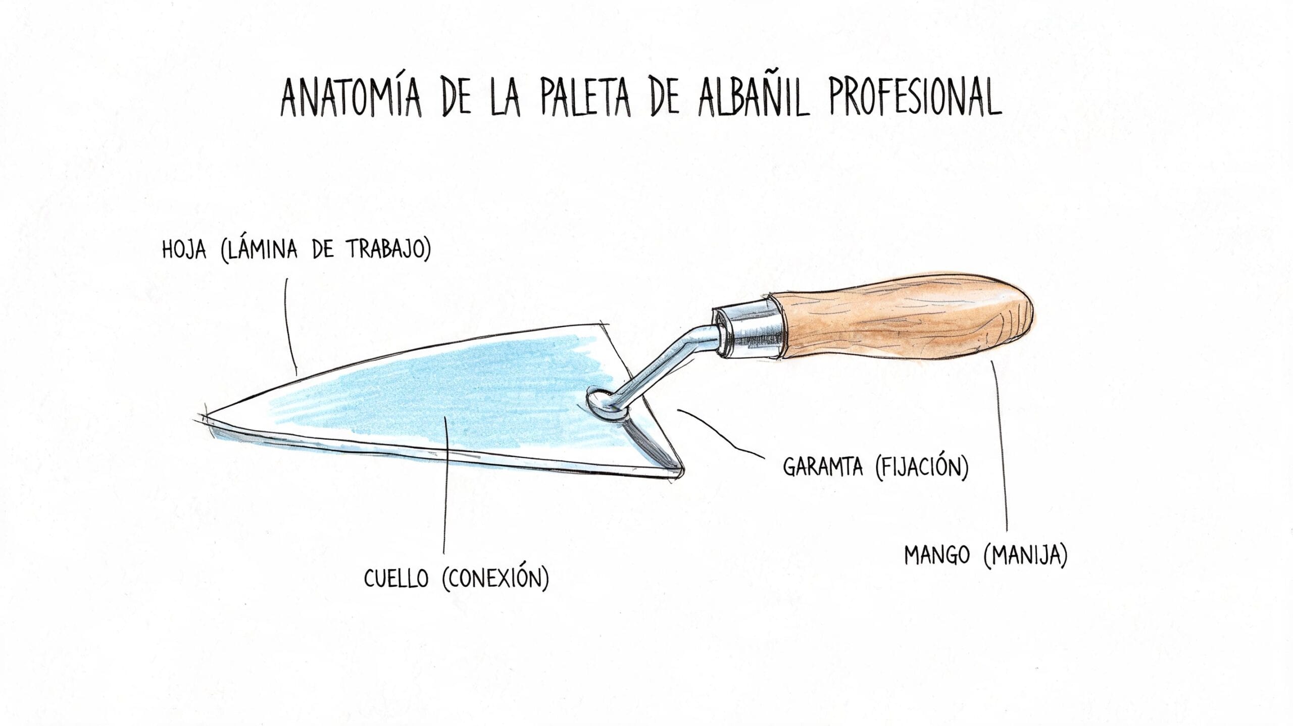 Diagrama detallado que ilustra las diferentes partes de una paleta de albañil profesional en un fondo blanco.