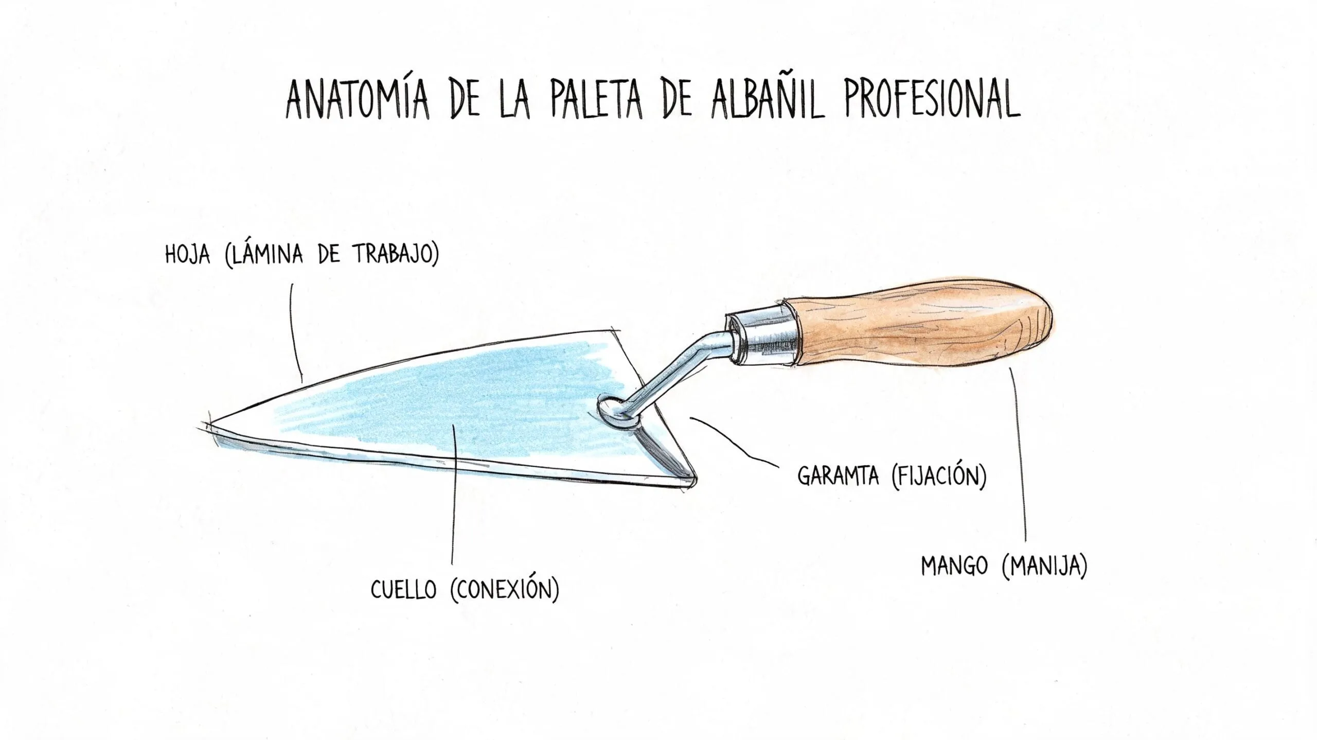 Diagrama detallado que ilustra las diferentes partes de una paleta de albañil profesional en un fondo blanco.