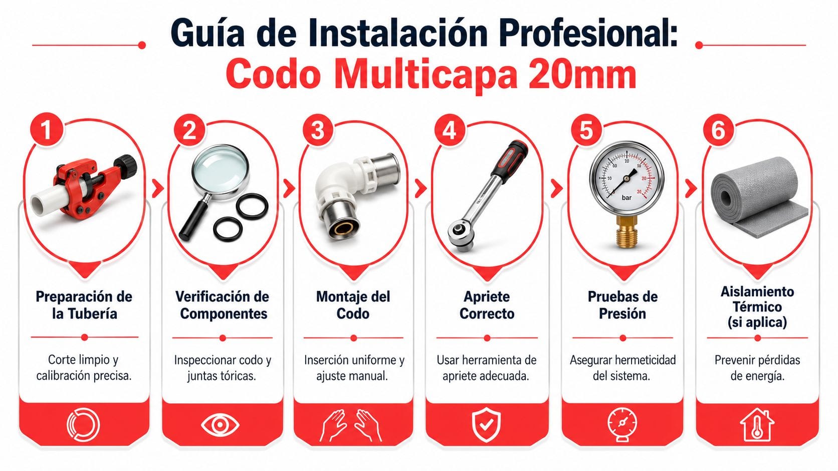 Guía visual paso a paso para la instalación profesional de un codo multicapa de 20mm en tuberías.