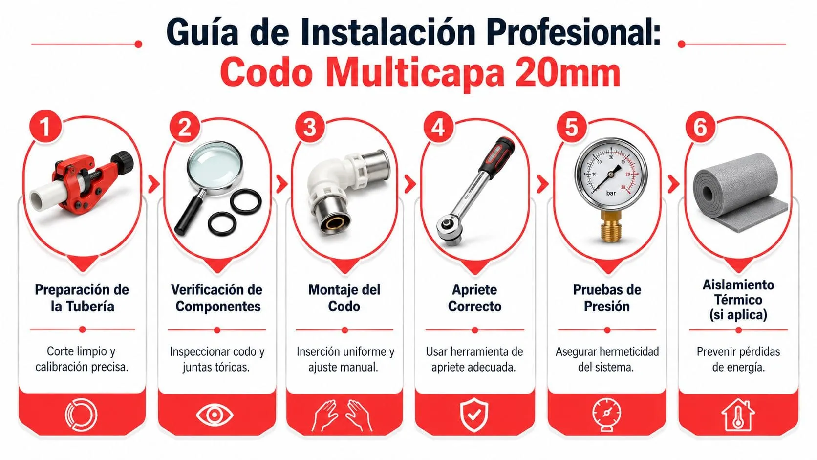 Guía visual paso a paso para la instalación profesional de un codo multicapa de 20mm en tuberías.