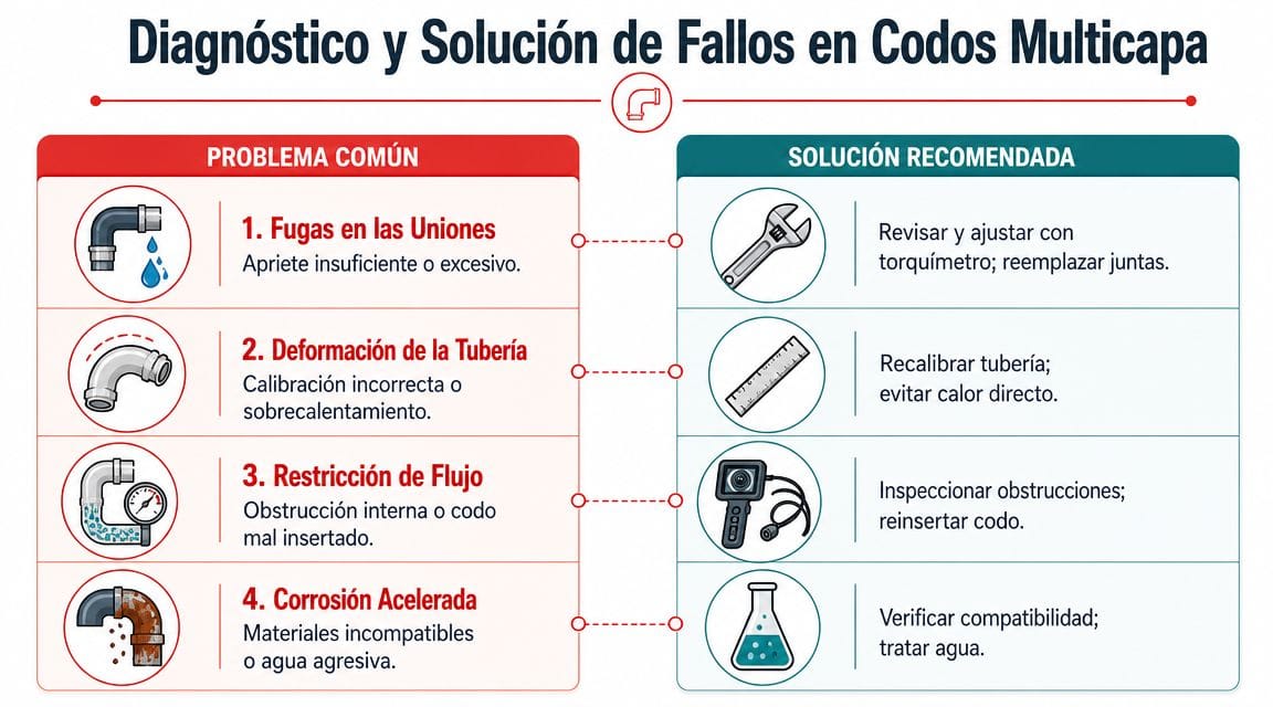 Infografía sobre diagnóstico y solución de fallos comunes en codos de tubería multicapa para instalaciones hidráulicas.