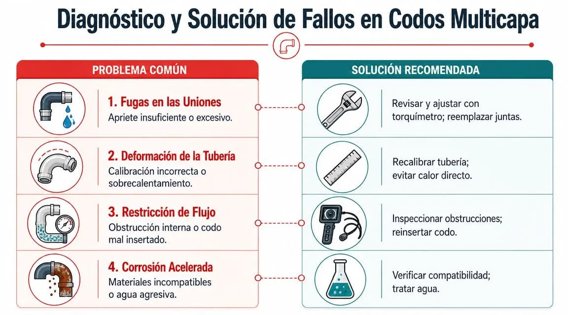 Infografía sobre diagnóstico y solución de fallos comunes en codos de tubería multicapa para instalaciones hidráulicas.