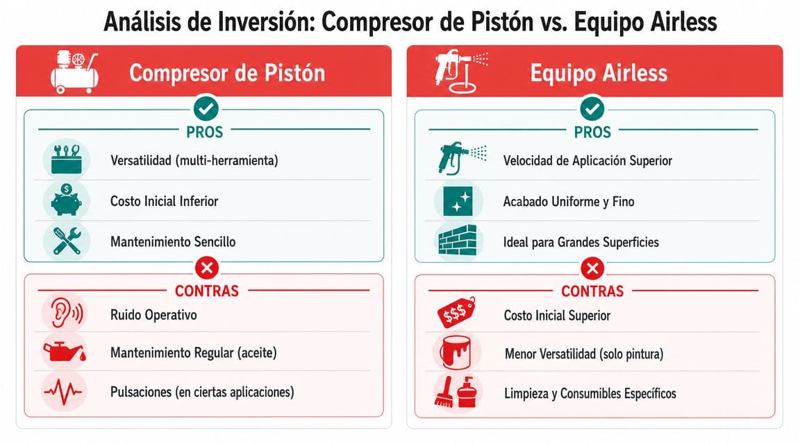 Tabla comparativa de inversiones entre compresor de pistón y equipo de pintura airless con pros y contras.