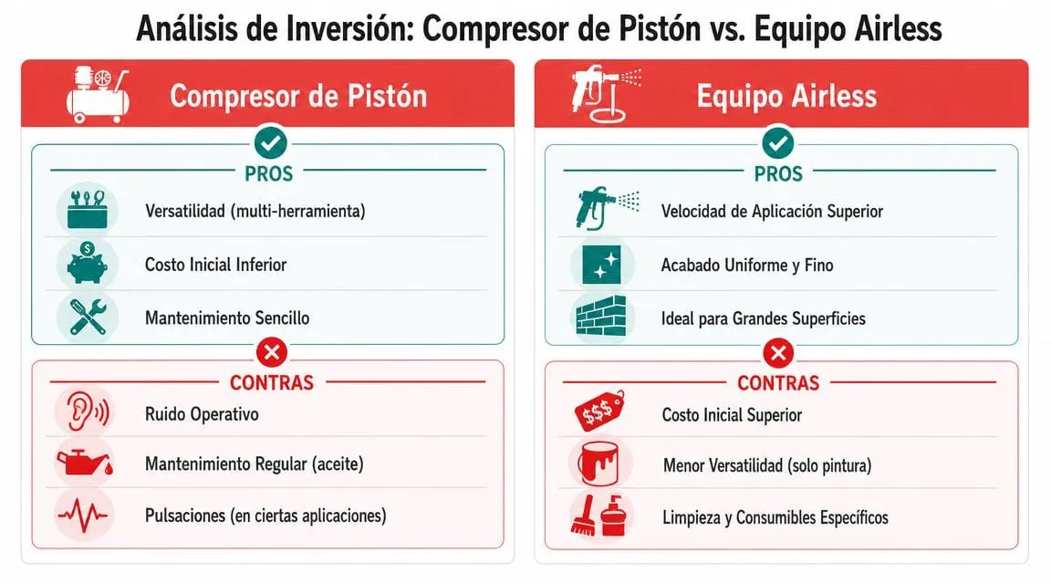 Tabla comparativa de inversiones entre compresor de pistón y equipo de pintura airless con pros y contras.
