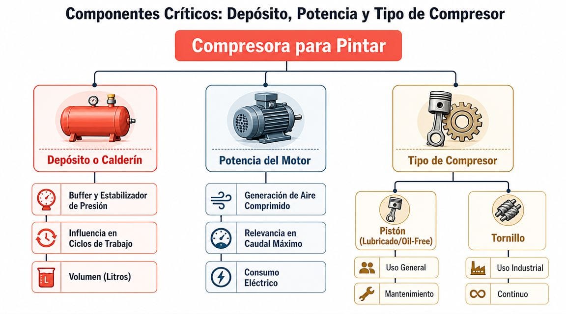 Diagrama de flujo que explica los componentes críticos de una compresora para pintar, incluyendo depósito, motor y tipo.