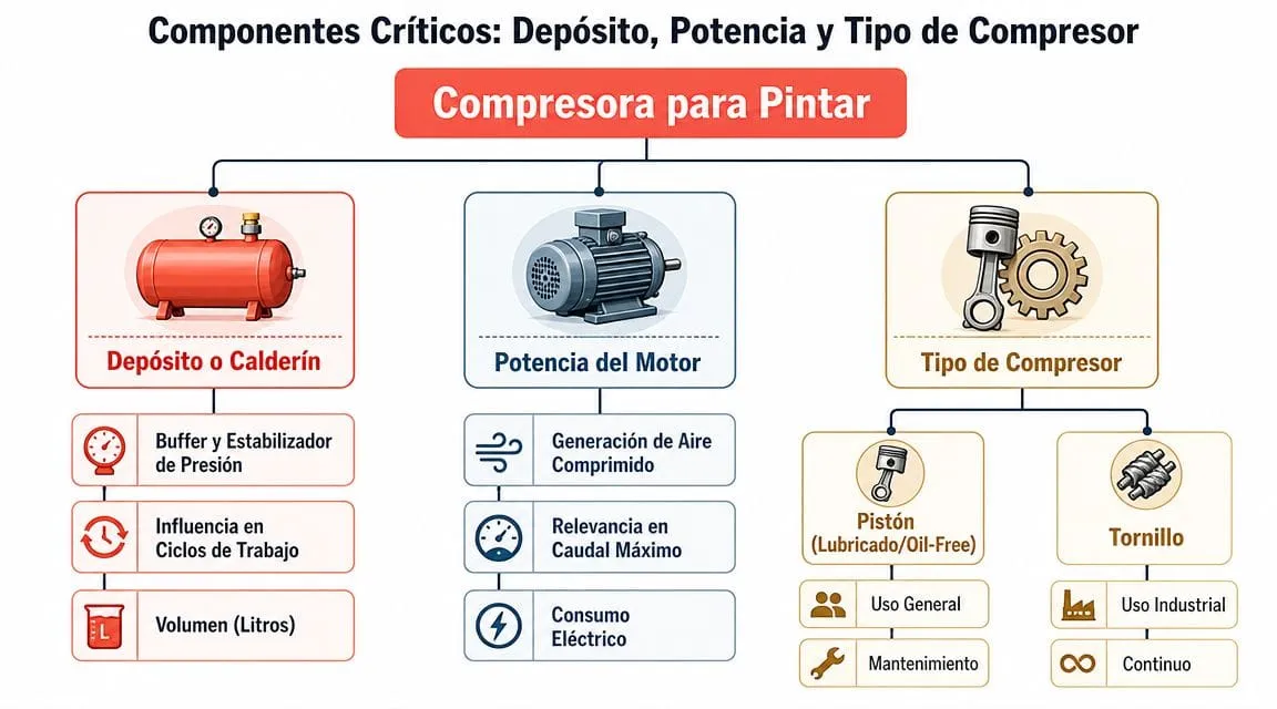 Diagrama de flujo que explica los componentes críticos de una compresora para pintar, incluyendo depósito, motor y tipo.