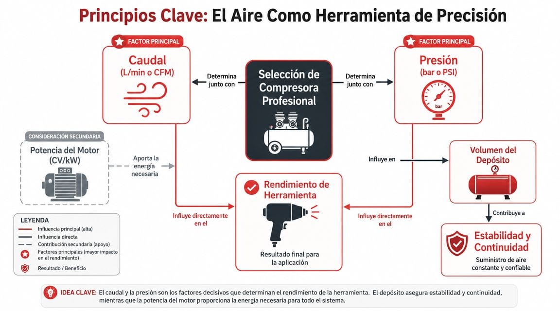 Infografía sobre los factores clave para elegir una compresora profesional: caudal, presión, potencia del motor y depósito.