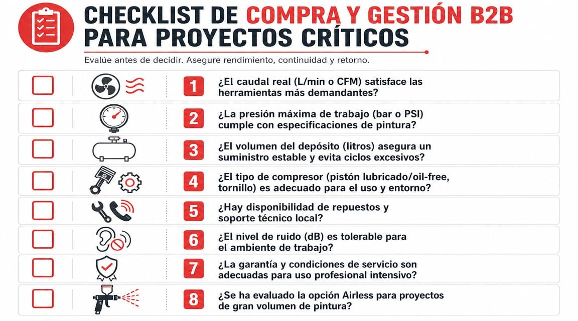 Lista de verificación para la compra y gestión B2B de compresores de aire para proyectos de pintura críticos.