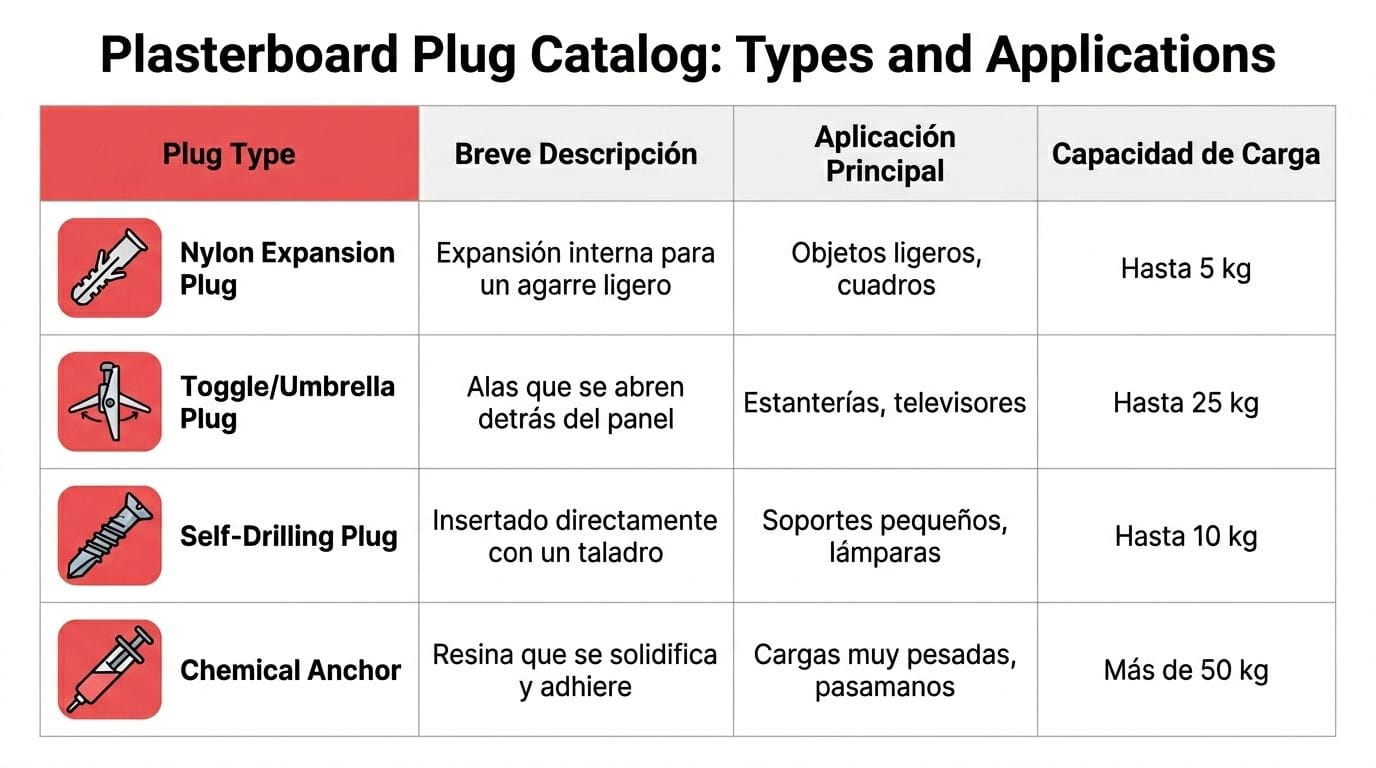 Tabla comparativa de tipos de tacos para placas de escayola, descripciones, aplicaciones principales y capacidad de carga.