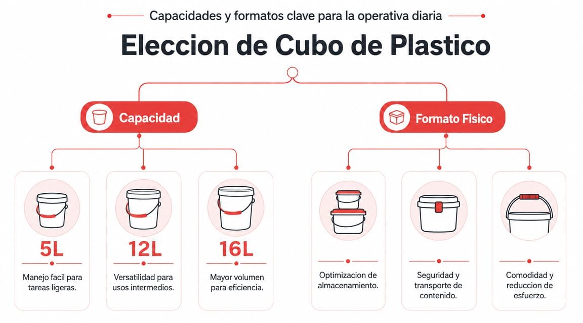 Diagrama comparativo sobre la elección de cubos de plástico según su capacidad y formato físico.