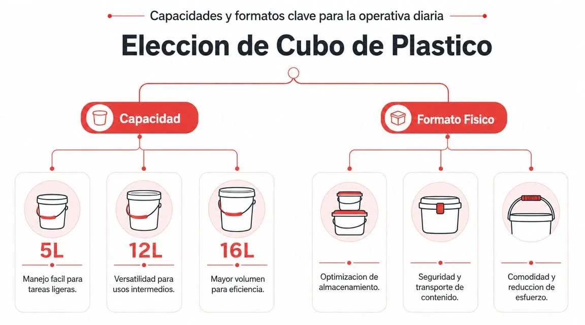 Diagrama comparativo sobre la elección de cubos de plástico según su capacidad y formato físico.