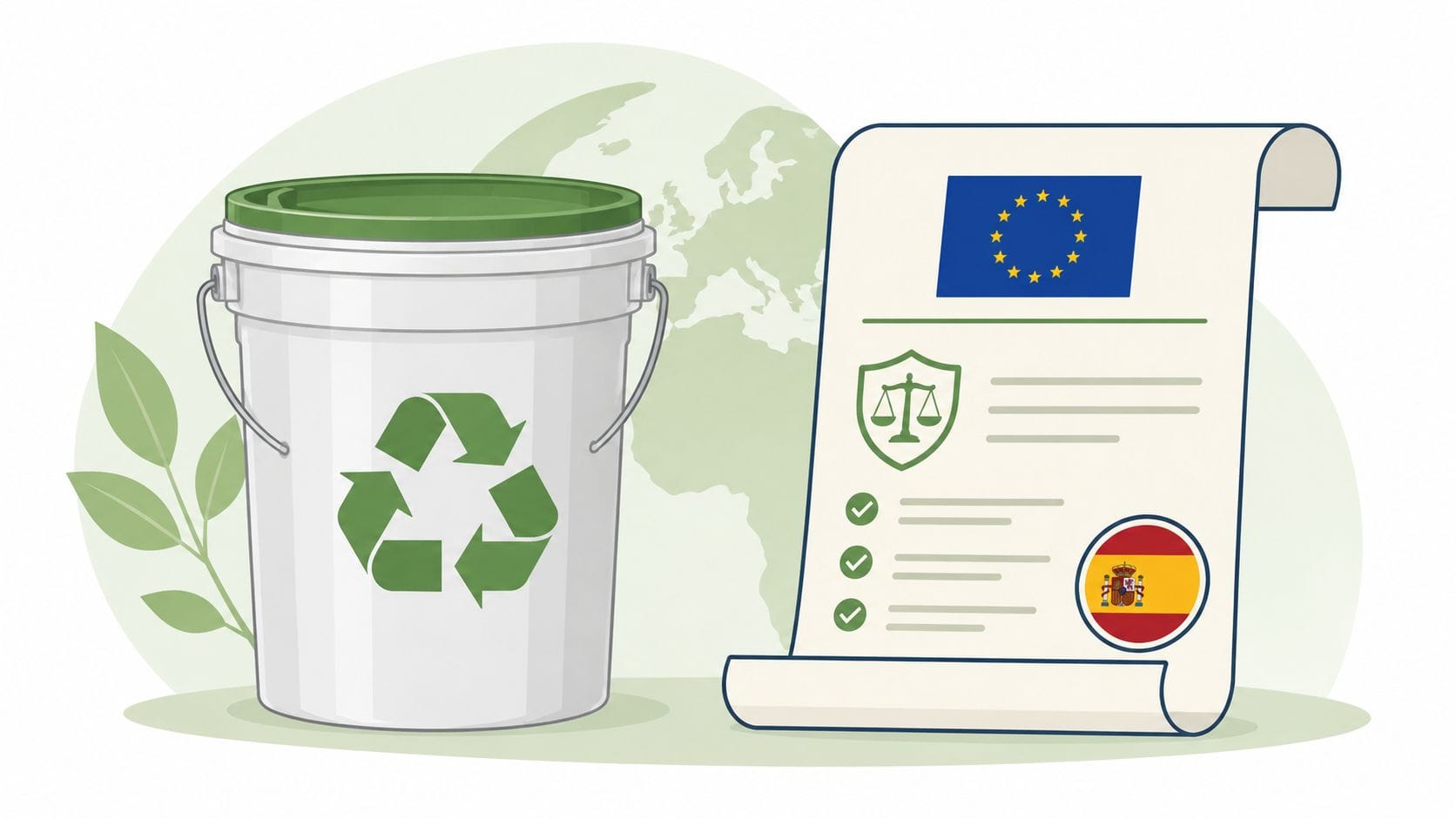 Un cubo de reciclaje de plástico junto a un documento oficial con banderas de la Unión Europea y España.
