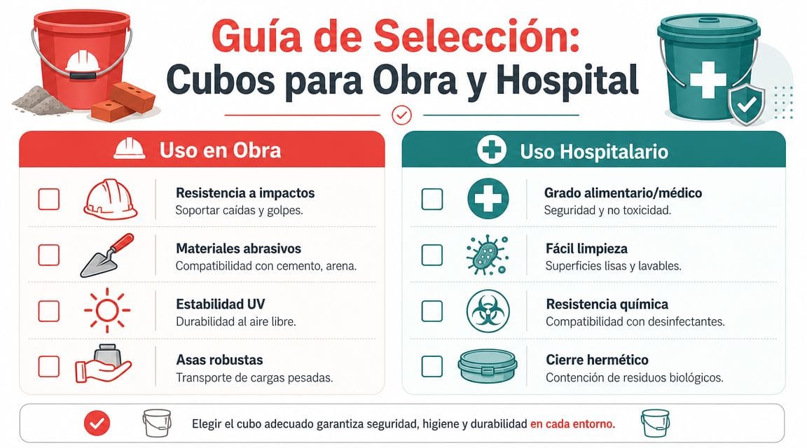 Guía comparativa de selección para cubos plásticos industriales de obra y de uso hospitalario y médico.