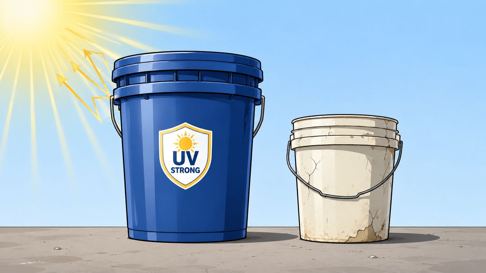 Un cubo azul con protección UV resistente al sol junto a un cubo blanco viejo y agrietado.