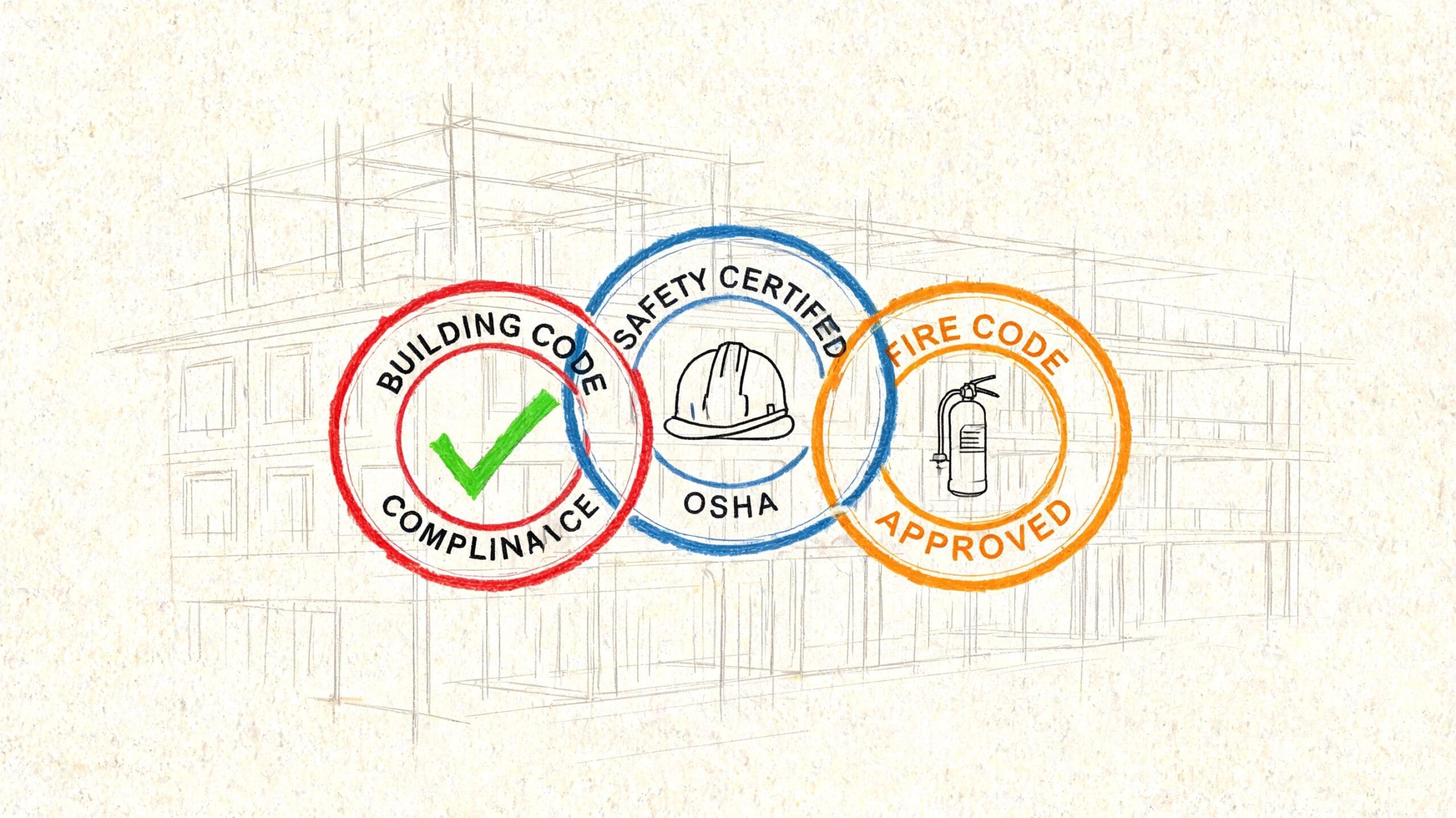 Sellos de certificación de construcción, seguridad de OSHA y cumplimiento de códigos contra incendios sobre un esquema arquitectónico.