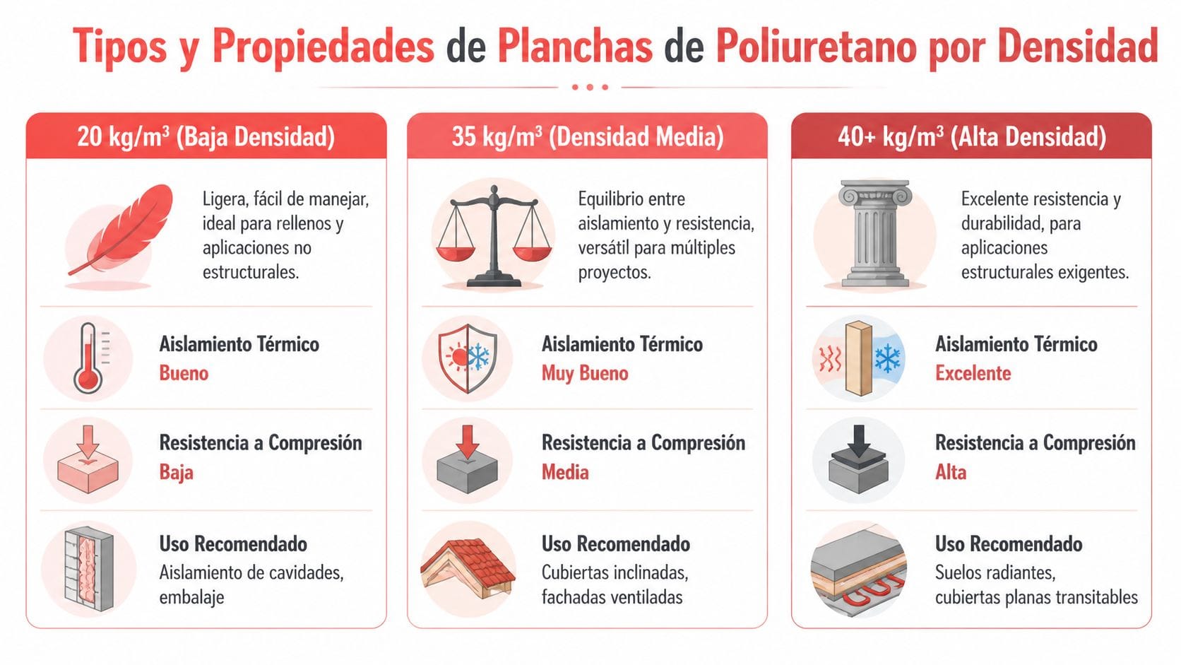Infografía comparativa sobre propiedades, aislamiento y usos recomendados de planchas de poliuretano según su densidad.