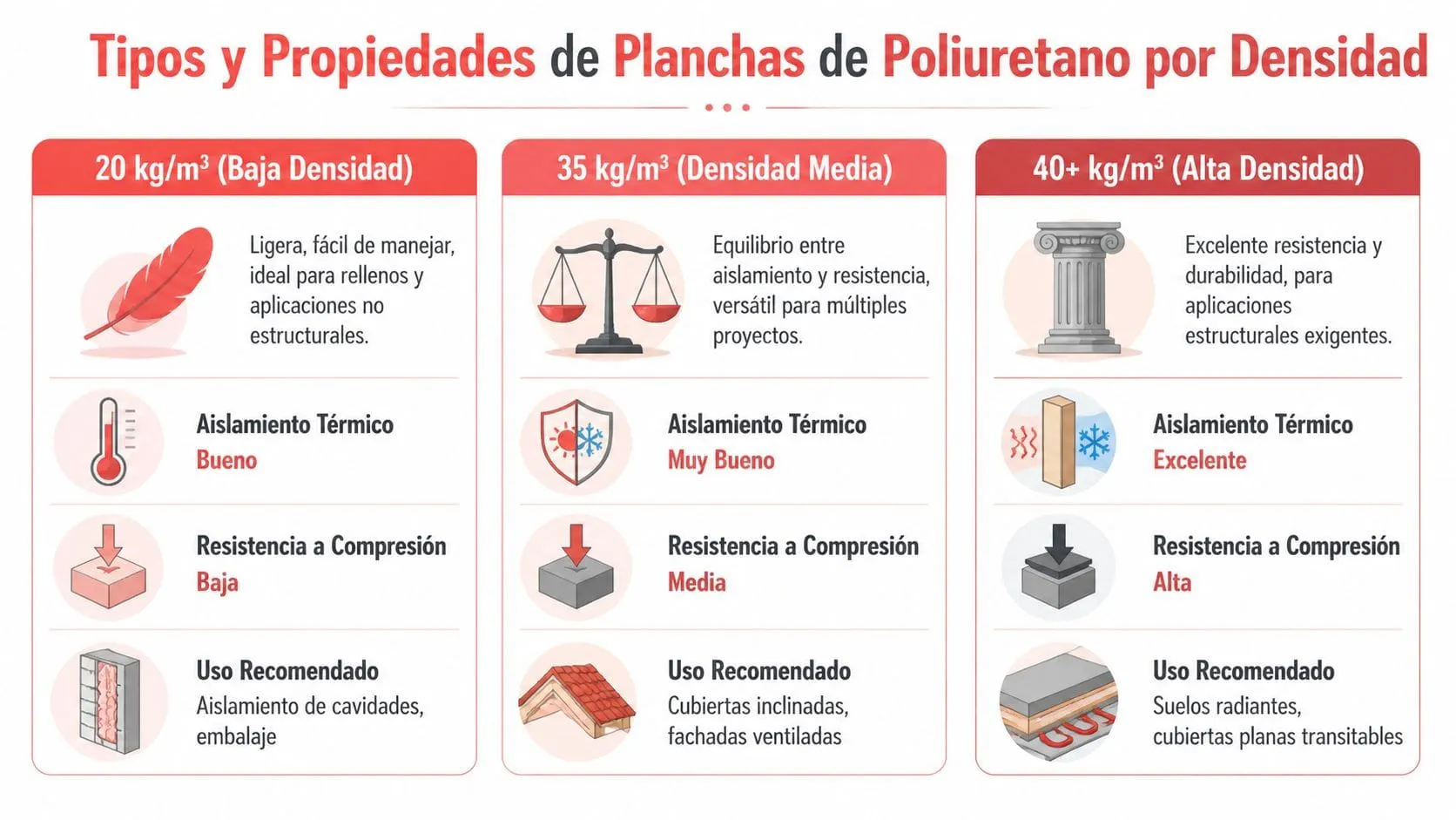 Infografía comparativa sobre propiedades, aislamiento y usos recomendados de planchas de poliuretano según su densidad.