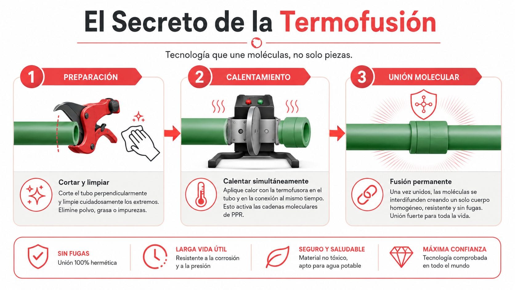 Infografía sobre el proceso de termofusión en tuberías de PPR mostrando los pasos de preparación, calentamiento y unión.