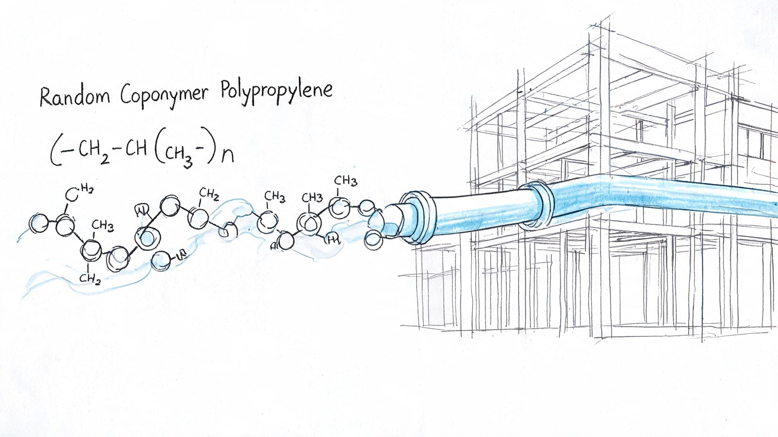 Representación artística de la estructura química del polipropileno copolímero aleatorio utilizado para tuberías de construcción.