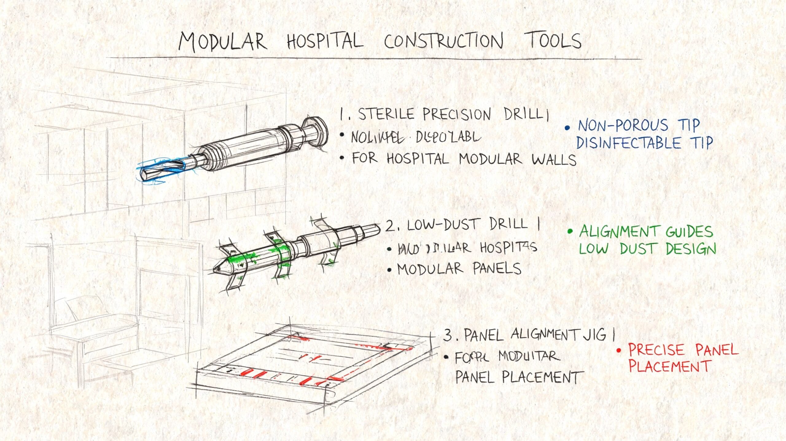 Esquema ilustrado de herramientas especializadas para la construcción modular de hospitales, incluyendo taladros de precisión y guías.