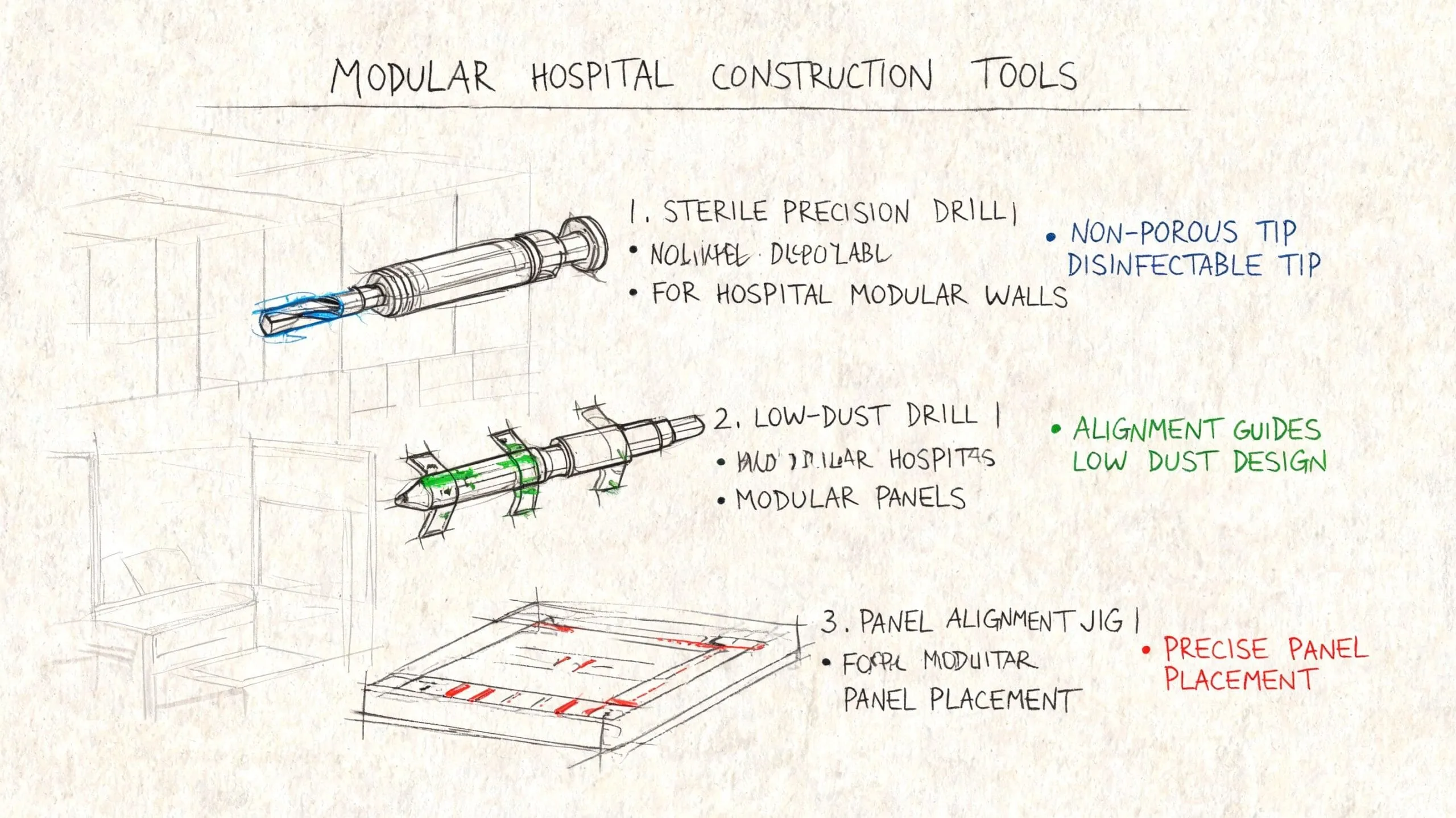 Esquema ilustrado de herramientas especializadas para la construcción modular de hospitales, incluyendo taladros de precisión y guías.