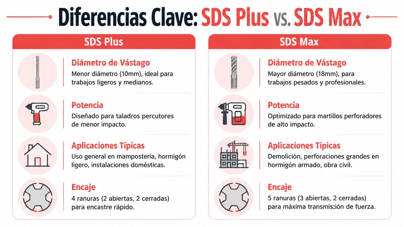 Comparativa técnica detallada entre brocas SDS Plus y SDS Max mostrando sus diferencias en diámetros y aplicaciones.