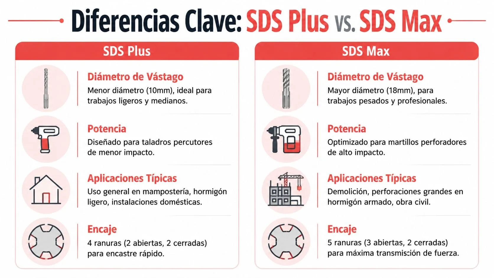 Comparativa técnica detallada entre brocas SDS Plus y SDS Max mostrando sus diferencias en diámetros y aplicaciones.