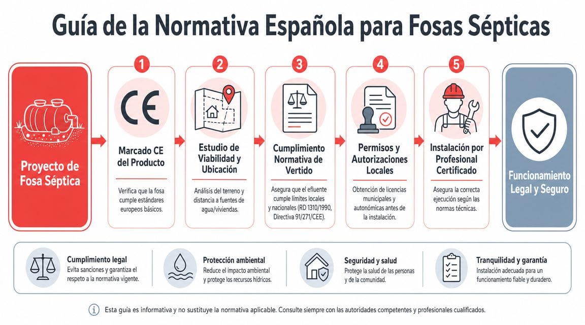Guía paso a paso sobre la normativa española obligatoria para la correcta instalación de fosas sépticas legales.