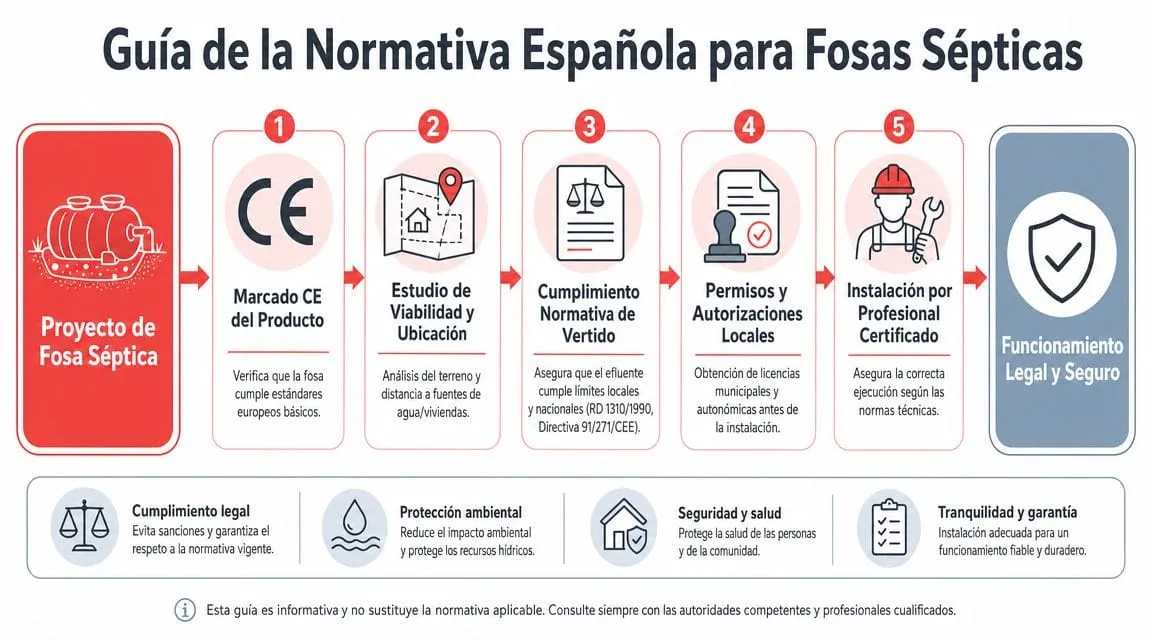 Guía paso a paso sobre la normativa española obligatoria para la correcta instalación de fosas sépticas legales.